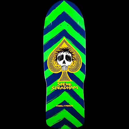 Powell Peralta Steadham Skull and Spade Green/Navy skateboard deck: Old-school shaped deck with green and navy chevron stripes. A yellow spade at the centre holds a skull with scruffy dark hair, with Steve Steadham in yellow script below and a small Powell Peralta logo.