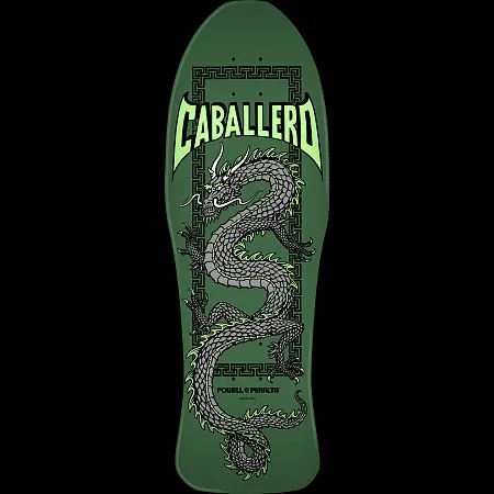 Powell Peralta Steve Caballero Chinese Dragon Green skateboard deck: A grey scaled Chinese dragon with green flame edges coils through a Greek-key border on a green old-school shaped deck. The rider's surname is set in pale green above it, with the brand logo at the bottom.
