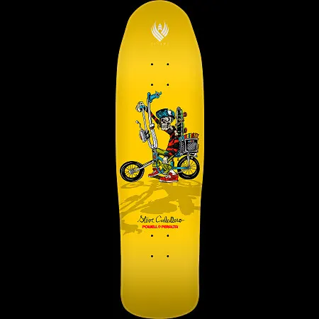 Powell Peralta Steve Caballero Chopper Bike Yellow FLIGHT - Shape 216 K21 skateboard deck: A skeleton in a helmet and striped top rides a chopper-style bike with tall handlebars and a loaded rear rack, raising one arm, on a yellow deck. Signature and Powell Peralta logo below.