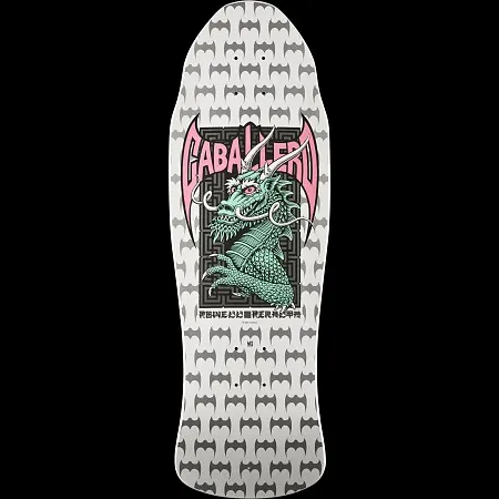 Powell Peralta Steve Caballero Street White skateboard deck: A green dragon with horns and pink eyes rises from a black maze-patterned panel framed by pink bat wings, on a white deck covered with repeating grey bat logos. The rider name arches across the top.
