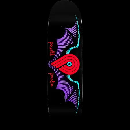 Powell Peralta Winged P Black skateboard deck: Black deck with the red Powell P logo with a cyan eye, set between large purple bat-like wings edged in cyan. The name is written in red script down both sides of the logo.
