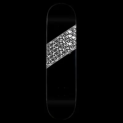 Powell Peralta Bartie Experimental - Black skateboard deck: Diagonal white band across a plain black deck, repeating the word Experimental in black type with small Powell Peralta and Chad Bartie lettering along the band. Typographic graphic only.