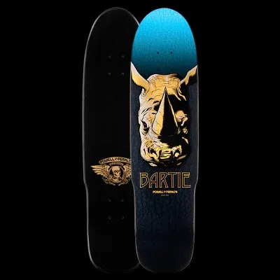 Powell Peralta Bartie Fun Shape - Black skateboard deck: Gold rhinoceros head on a dark cracked-leather textured ground, with a turquoise gradient at the nose end and gold Bartie lettering below. Underside shows a gold winged skull logo on black. Both sides shown.