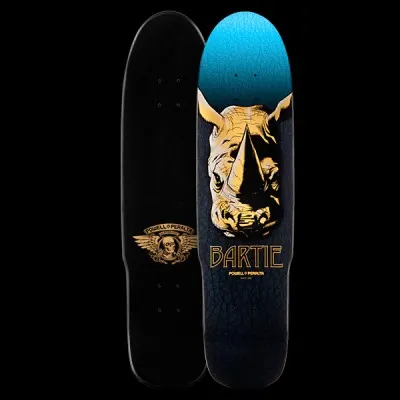 Powell Peralta Bartie Fun Shape - Black/Blue skateboard deck: Gold rhinoceros head on a dark cracked-leather textured ground, with a turquoise gradient at the nose end and gold Bartie lettering below. Underside shows a gold winged skull logo on black. Both sides shown.