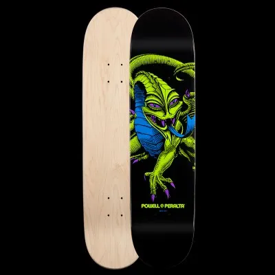 Powell Peralta BL Caballero Dragon 181 - Blacklight skateboard deck: A lime green dragon with purple claws and eyes and a blue wing and tongue, printed on black, with the Powell Peralta name beneath. The reverse is plain natural maple.
