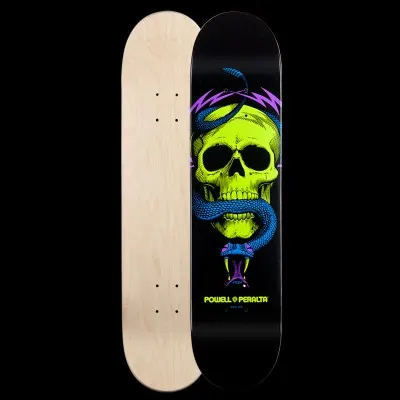 Powell Peralta BL McGill Skull & Snake 188 - Blacklight skateboard deck: A lime green skull with a blue snake coiled through its jaw, with purple lightning-style flames behind, on black. The Powell Peralta name sits beneath, and the reverse is plain natural maple.
