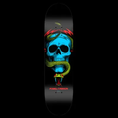 Powell Peralta BL McGill Skull & Snake - Black skateboard deck: Blue skull with a yellow-green snake coiled around it, red lightning bolts behind the head and the snake's fangs below, on a black deck. Red Powell Peralta text at the bottom.