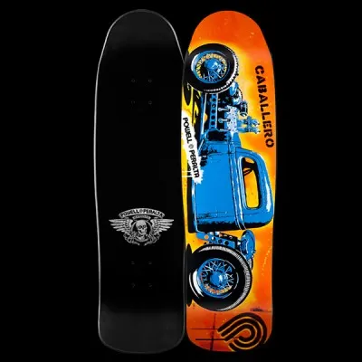 Powell Peralta Caballero Blue Hot Rod - Blue skateboard deck: A side view of a blue hot rod with a bare engine and spoked wheels over an orange-yellow gradient. The rider's name and Powell Peralta run up the side, with the swirl logo at the tail. Black underside has a winged skull logo.
