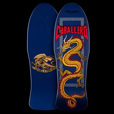 Powell Peralta Caballero Chinese Dragon - Navy skateboard deck: A large golden Chinese dragon with red spines coils down a navy deck inside a Greek key border. The name appears in red bat-wing lettering at the top. The underside shows a gold winged dragon.