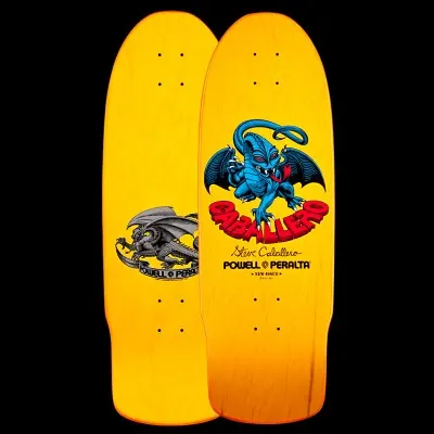 Powell Peralta Caballero Dragon II - Yellow skateboard deck: A blue winged dragon with red details above red 'Caballero' lettering curved beneath it, with a signature and Powell Peralta logo. The reverse shows a grey dragon logo.