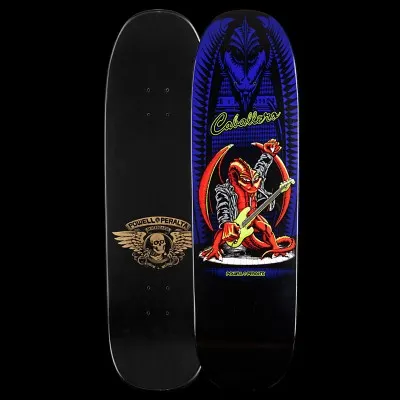 Powell Peralta Caballero Guitar - Blue skateboard deck: A red dragon in a studded jacket plays a green bass guitar, one fist raised, on a stage spotlight. Behind it is a large blue dragon head with a spiked backdrop, with 'Caballero' in green script. The reverse has a gold winged skull logo.