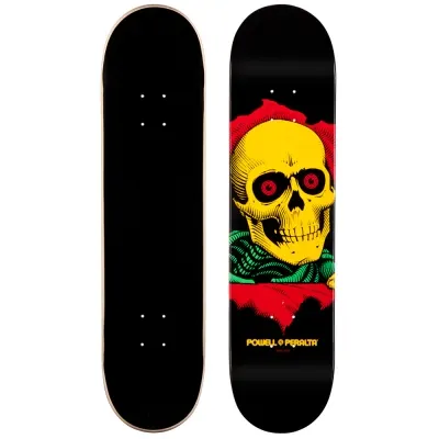 Powell Peralta BL Ripper 6 - Blacklight skateboard deck: A yellow skull with red eyes peers through a torn red hole, with green ribbed fabric below, on a black deck. The bottom view is plain black.