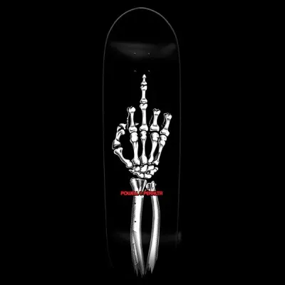 Powell Peralta Fingerboard - Black skateboard deck: White skeletal hand and forearm giving the middle finger, on a plain black deck, with red Powell Peralta text below the wrist.