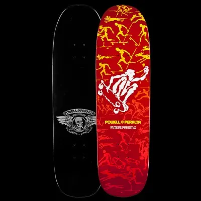 Powell Peralta Future Primitive - Red skateboard deck: A white skeletal skater grabbing a board in mid-air sits among repeated yellow, orange and red skater figures running and skating, fading from yellow at the top to red below. The reverse shows a winged skull logo.