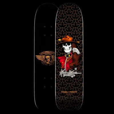 Powell Peralta Harris Mountie - Black/Gold skateboard deck: A skeleton in a Mountie hat and red tunic leans on a brown bear, set on a black deck with a gold maple leaf pattern. A signature sits below. The underside shows a gold winged skull logo.