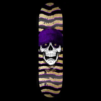 Powell Peralta Hoffart Beanie - Black/Gold skateboard deck: White skull with amber eyes wearing a purple knitted beanie, over ripped zigzag stripes in gold and black edged with purple. Cursive Jordan Hoffart name and Powell Peralta text below.