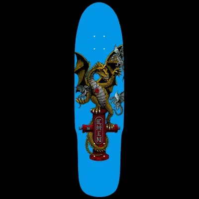 Powell Peralta Hydrant Dragon 2 - Blue skateboard deck: A golden winged dragon perches on a red fire hydrant marked with vertical Asian-style characters, with small silver dragons flying around it. Printed on a bright blue deck with a rounded cruiser shape.