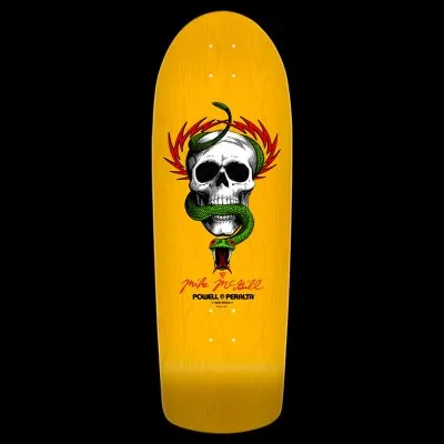 Powell Peralta McGill Skull & Snake - Yellow skateboard deck: A white skull with a green snake coiled through its jaw and around its top, set in front of red lightning-style flames. The rider's red signature and Powell Peralta logo are beneath.