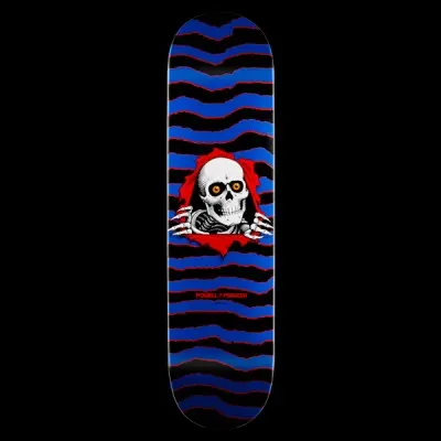 Powell Peralta New School Ripper - Blue skateboard deck: A white skull with orange eyes and skeletal hands tears through the deck surface in red, set against wavy blue and black ripped stripes.