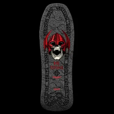 Powell Peralta Nordic Skull - Limited Edition skateboard deck: Screaming skull in a horned red Viking helmet on a speckled grey ground, framed by runic borders with a serpent at the bottom and a cross motif beside red runic name text.