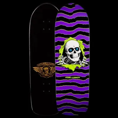 Powell Peralta Old School Ripper - Purple skateboard deck: A white skull with blue eyes bursts through a torn lime green hole, with skeletal hands gripping the edges, over wavy purple and black stripes. The reverse shows a gold winged skull logo.
