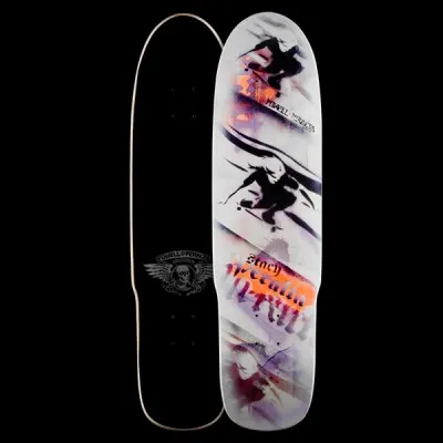 Powell Peralta Peralta Hipster - White skateboard deck: Cruiser-style shape with black stencil-style silhouettes of a skater in action on a white ground, with orange and purple paint splashes and a diagonal streaky texture. Orange and black graffiti-style lettering reads Stacy Peralta near the bottom.