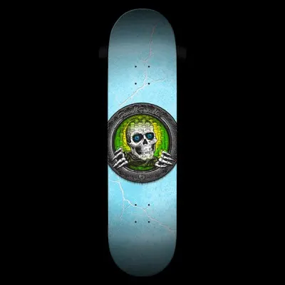Powell Peralta Pool Light Ripper Green - Green skateboard deck: Round metal-rimmed medallion at centre showing a skull with blue eyes and skeletal hands against a green and yellow brick pattern, on a light blue ground with white crack or lightning lines.