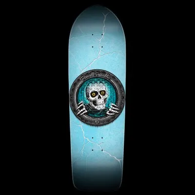 Powell Peralta Pool Light Ripper Large - Turq skateboard deck: A white skull with amber eyes and skeletal hands peers from a round porthole-style pool light, with a signature across the rim. It sits on a pale turquoise cracked-ice or lightning-style background.