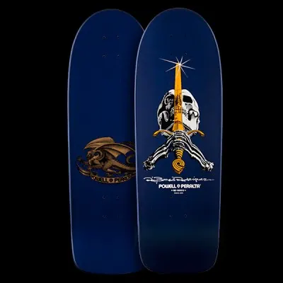 Powell Peralta Ray Rodriguez - Navy skateboard deck: Skull with a golden sword driven down through it, gripped by skeletal hands below, with a sparkle at the sword tip. Printed on navy with a white signature and Powell Peralta text; the underside shows a gold dragon. Both sides shown.