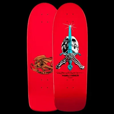 Powell Peralta Ray Rodriguez Skull & Sword - Red skateboard deck: A grey skull pierced by a turquoise sword with a glinting point, with skeletal hands crossed below, plus the rider's signature and Powell Peralta logo. The reverse shows a bronze dragon logo.