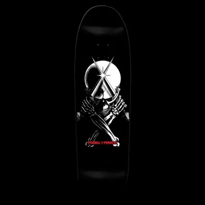 Powell Peralta Skull & Dagger - Black skateboard deck: Monochrome skull with crossed skeletal arms and a pair of crossed daggers rising from its brow with a starburst, against a white circle on a black deck. Red Powell Peralta text below.