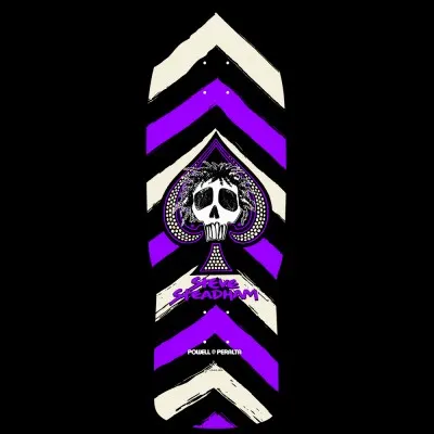 Powell Peralta Steadham Spade - Black / Purple skateboard deck: A skull with spiky hair sits in the centre of a spade symbol, over brushed chevron stripes in cream and purple on black. Purple Steve Steadham signature lettering and the Powell Peralta logo are below.