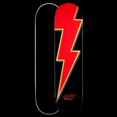Powell Peralta Vallely Bolt - Red/Black skateboard deck: A large red lightning bolt with a gold outline runs down a black deck, with a red signature and Powell Peralta logo near the tail. The reverse is plain black.