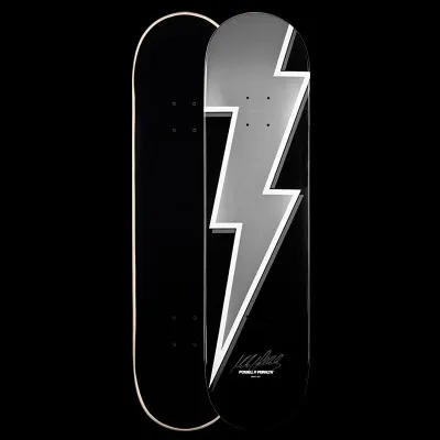 Powell Peralta Vallely OG Bolt - Black/Silver skateboard deck: A large silver lightning bolt with white outline runs diagonally down the length of a black deck, with a signature near the tail. The bottom view is plain black.