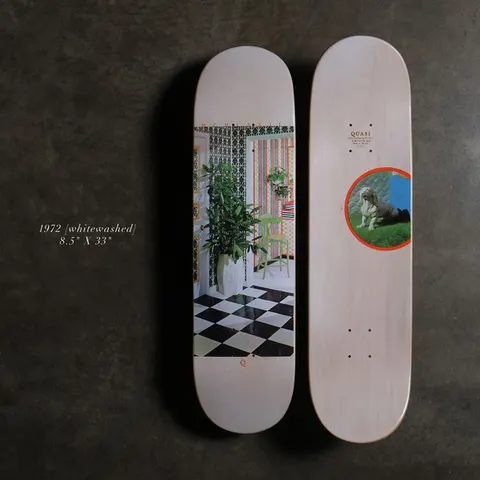 Quasi 19728.5 - Whitewashed Natural skateboard deck: Photograph of a room interior with a potted plant, patterned wallpaper, a green stool and a black and white chequered floor on a whitewashed natural wood deck. The underside shows a circled photo of a dog on grass.
