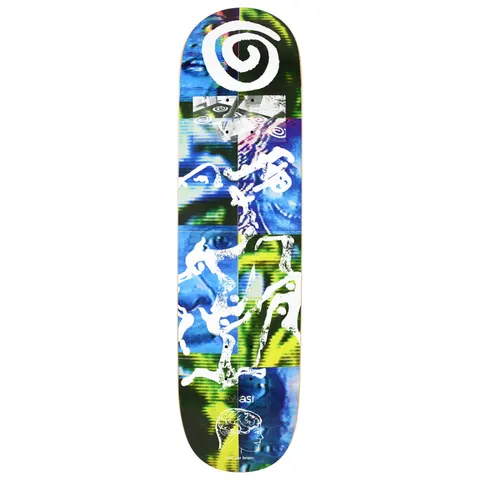 Quasi Big Brain skateboard deck: Glitchy collage of blue and green video-style close-ups of faces in a tiled grid, overlaid with a large white spiral at the nose and white scribbled hand-drawn figures. A small head outline with brain at the tail.