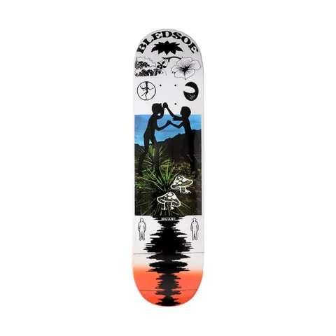 Quasi Bledsoe Dreamcatcher skateboard deck: A white deck with a colour photo panel of two silhouetted figures high-fiving among desert plants. Black line icons of flowers, waves and mushrooms sit round it, with a black ink-blot reflection fading into orange.