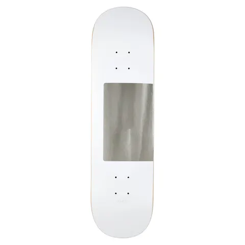 Quasi Proto skateboard deck: Plain white deck with a single rectangular silver foil panel across the middle section and a tiny grey logo near the tail.