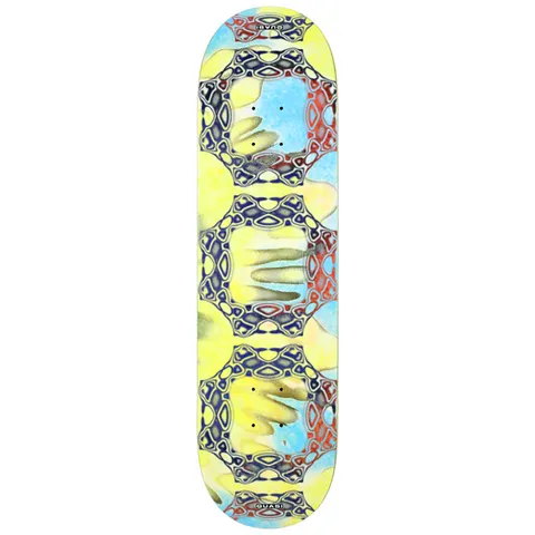 Quasi Colorblind skateboard deck: Repeating ornate octagonal frames in navy and red lattice linework, set over soft watercolour washes of pale yellow and light blue, with small Quasi logos at the nose and tail.