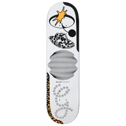 Quasi Crockett Bellyachin skateboard deck: A collage of separate motifs on a white deck: an orange starburst in a black ring, a cow-print cowboy hat, a wavy line optical illusion sphere, a pixel-block strip and a flower-outline cluster, with a Quasi label.