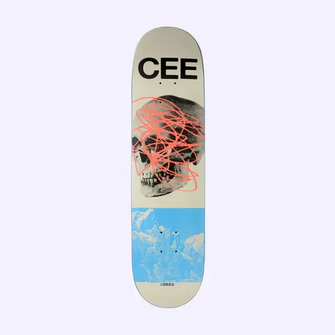 Quasi Crockett Mountain skateboard deck: Cream deck with bold black CEE lettering at the top, a halftone skull scribbled over with orange-red lines, and a pale blue photographic mountain panel at the tail.