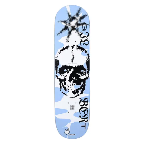 Quasi Crockett Mr. Postman skateboard deck: Pale blue deck with a large pixelated black and white skull, a halftone starburst at the nose, gothic blackletter rider name down the side, a QR code and a small cursor hand logo.