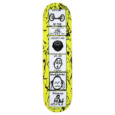 Quasi Crockett The Puker skateboard deck: Vertical strip of six pictogram-style communication cards with simple black line drawings (listening ears, a hug, a head, a startled face, hands over ears, a person vomiting into a toilet) over a yellow and black crackle pattern.