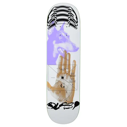 Quasi Crockett Thoughts skateboard deck: White deck with a lilac halftone Doberman head above a halftone orange hand, overlaid with a thin diagram box and small text, a stack of black ribs at the top and scrawled Quasi lettering at the foot.