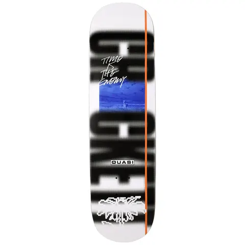 Quasi Crockett Time Is skateboard deck: Large blurred halftone black lettering reading CROCKETT down the deck on white, with a blue photo panel, handwritten text Time is the enemy, a small Quasi label, a pixelated white graphic at the bottom and an orange stripe on one side.