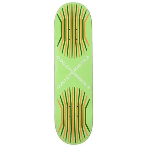 Quasi Crossfield skateboard deck: A pale lime green deck with two bundles of curved vertical orange and green lines swelling out at the nose and tail, crossed by white diagonal Quasi-Experimental text forming an X in the middle.