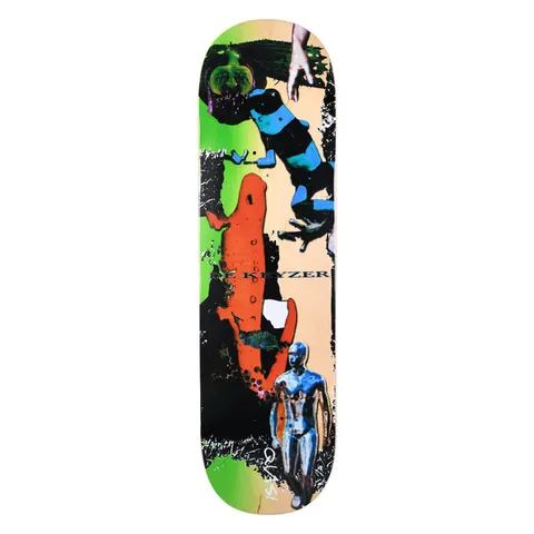 Quasi de Keyzer Scram skateboard deck: Collage in saturated colour with an orange salamander, a blue and black lizard, a chrome human figure and a hand reaching in, on a green and natural wood background with torn black edges.