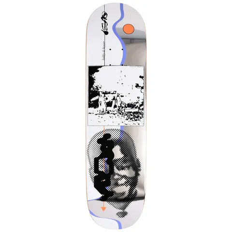 Quasi de Keyzer Timeline skateboard deck: Silver mirror-finish deck with a halftone dotted face, a black and white photo of figures at a ruin in a square panel, and a blue wavy line with an orange sun. A black abstract totem shape and orange arrow lead down the deck.