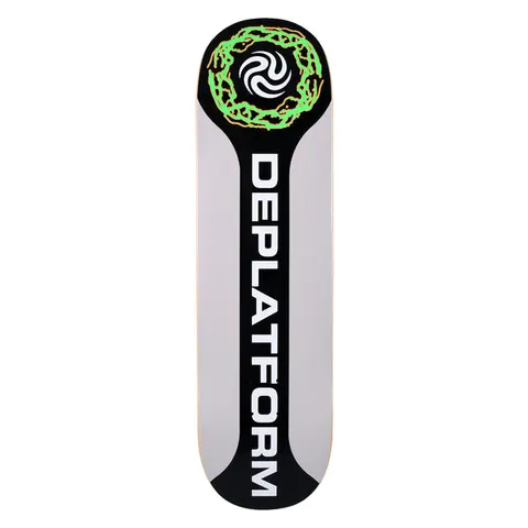 Quasi Drop - Out skateboard deck: Black vertical bar with DEPLATFORM in bold white capitals on a pale grey deck, flaring into a black circle at the nose holding a white swirl emblem ringed by tangled neon green thorny scribbles.