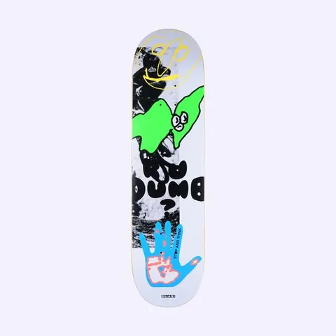 Quasi Dumb Assort skateboard deck: Grey deck with a collage of a black and white photo, a yellow line-drawn face, a green blobby cartoon creature, black bubble lettering reading R U Dumb? and a blue hand marked Stop and Think.
